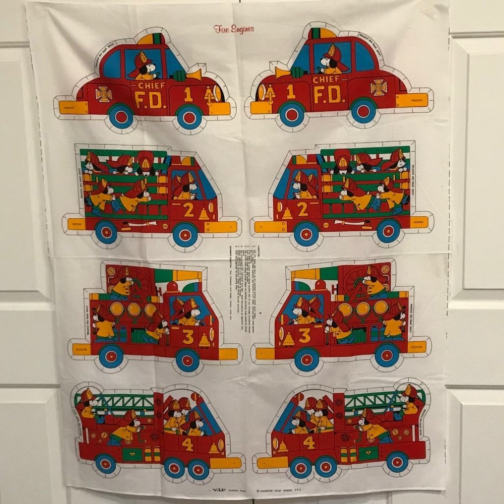 Fire Truck Printed Fabric Panel to Make 4 Pillows